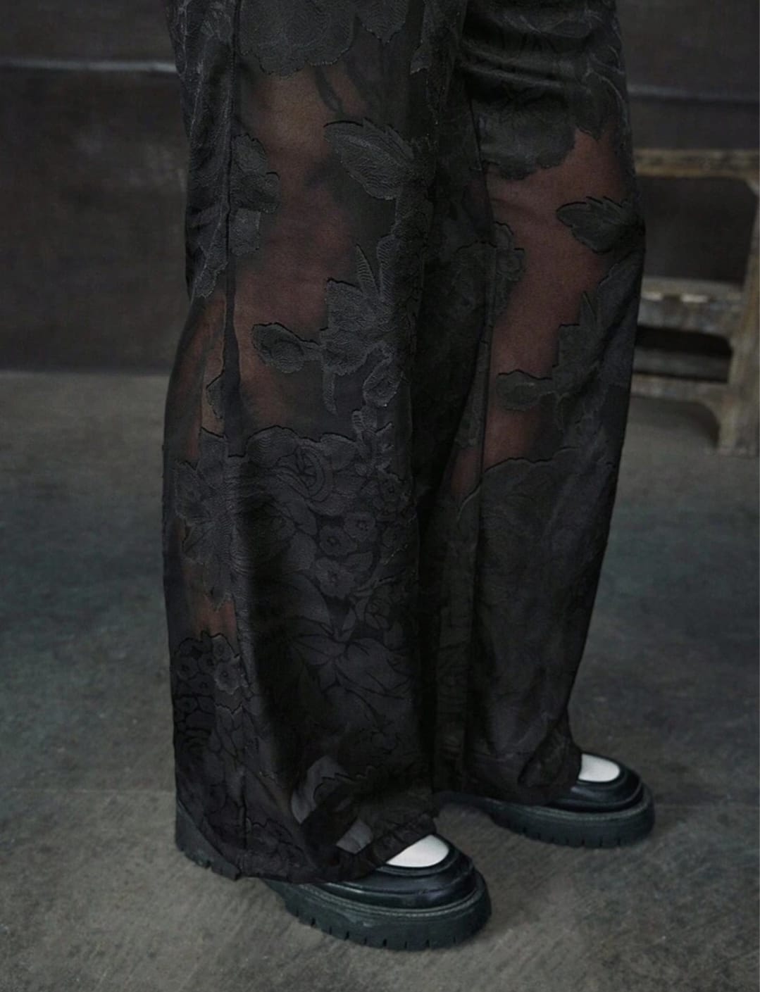 Men's Black Floral Sheer Wide-Leg Trousers – Elegant Mesh Statement Pants